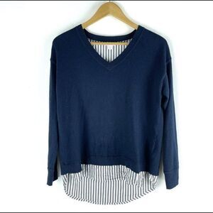 J. Jill Layered Flyaway Back V-Neck Sweater W/ Striped Shirttail Hem